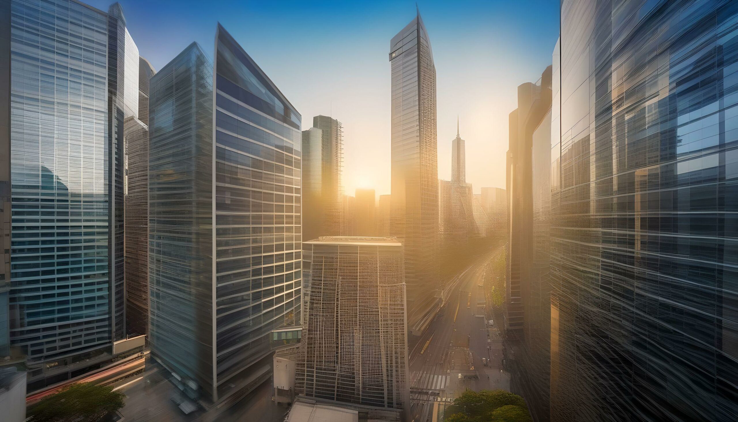 Sunset over a modern cityscape with towering skyscrapers and reflective glass facades.